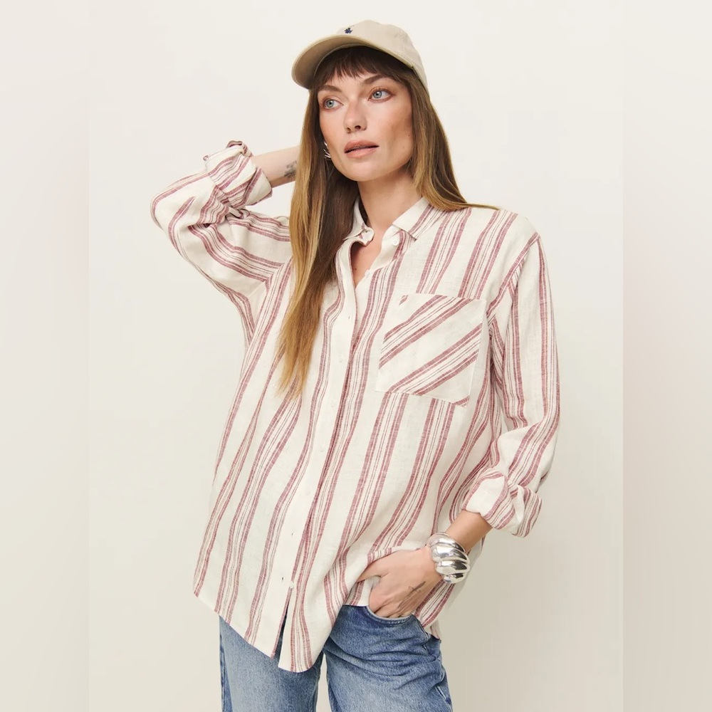 Reformation Eli Oversized Linen Shirt In Avignon Stripe, brand new, never worn.